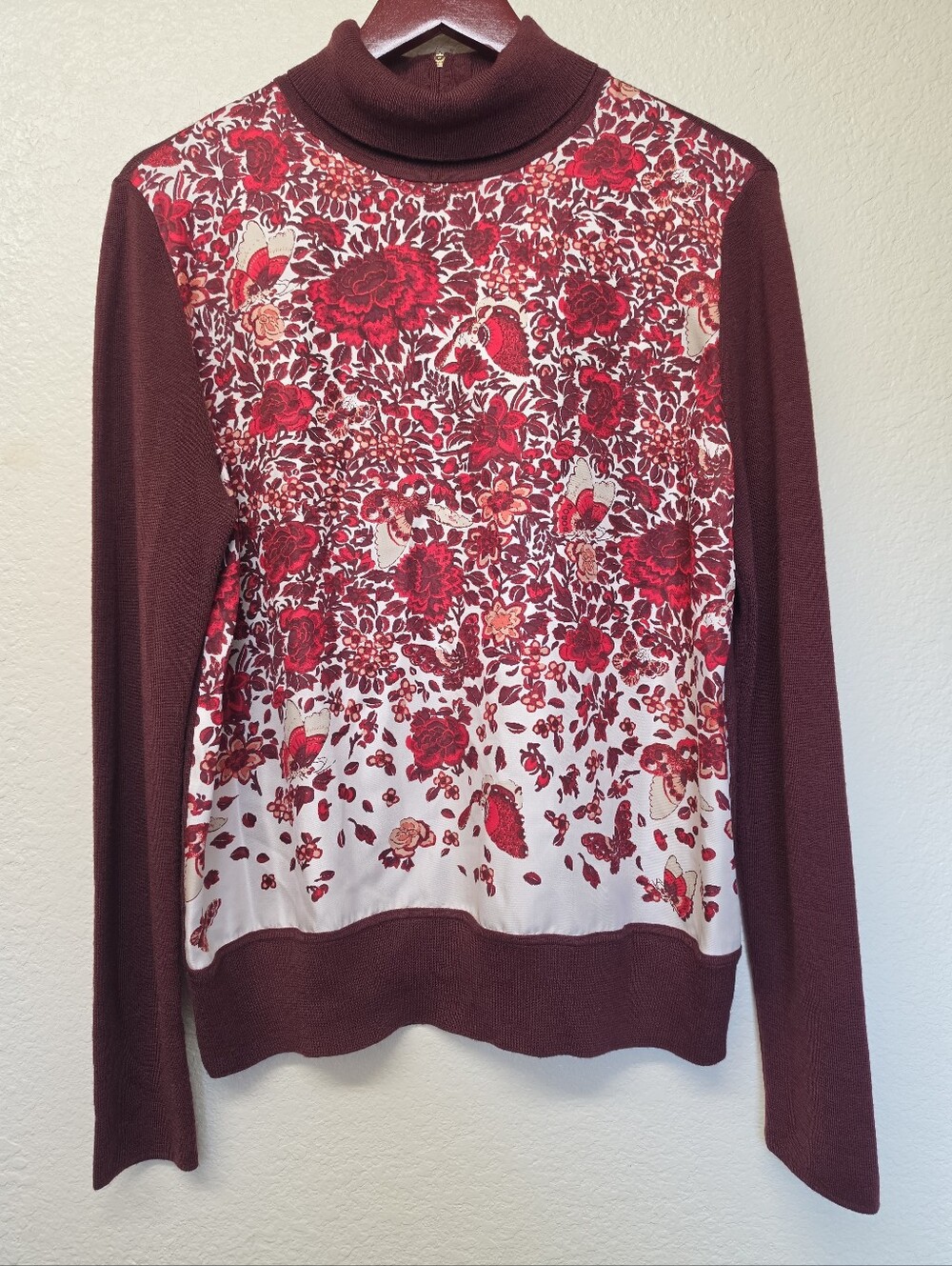 Tory Burch Floral Burgundy 100% Merino Wool Blend Sweater Sz Large EXCELLENT CON
